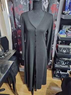 Black Long-Sleeve V-Neck Button-Front Maxi Dress